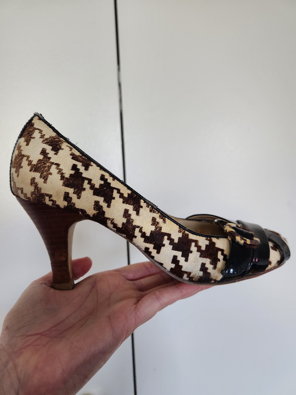 naughty monkey Cream and Brown Houndstooth Peep-Toe Heels